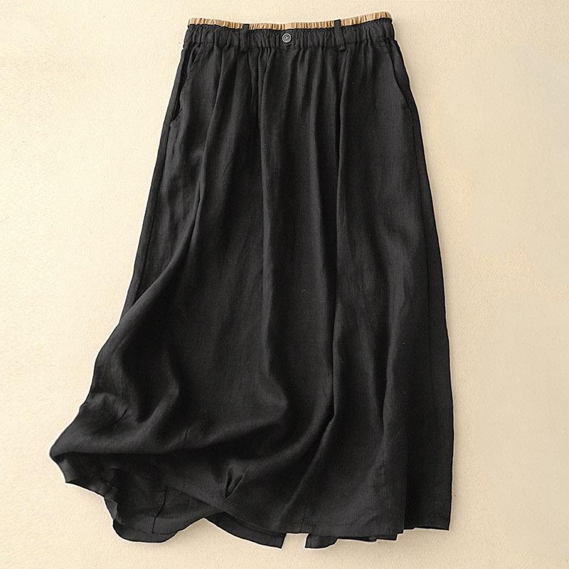 Vintage Casual Plain Side Slit Elastic Waist Cotton Linen Women's Skirt With Pockets