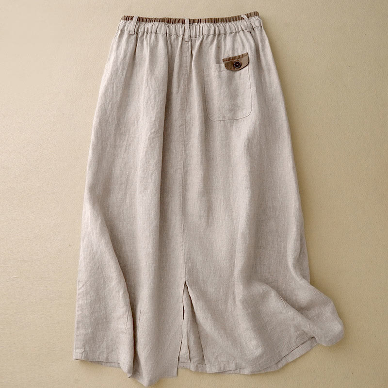 Vintage Casual Plain Side Slit Elastic Waist Cotton Linen Women's Skirt With Pockets