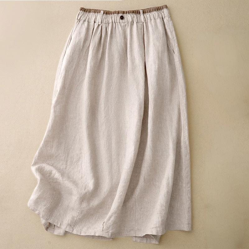 Vintage Casual Plain Side Slit Elastic Waist Cotton Linen Women's Skirt With Pockets