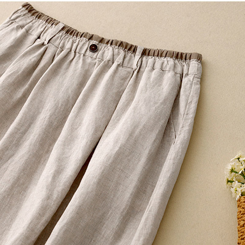 Vintage Casual Plain Side Slit Elastic Waist Cotton Linen Women's Skirt With Pockets