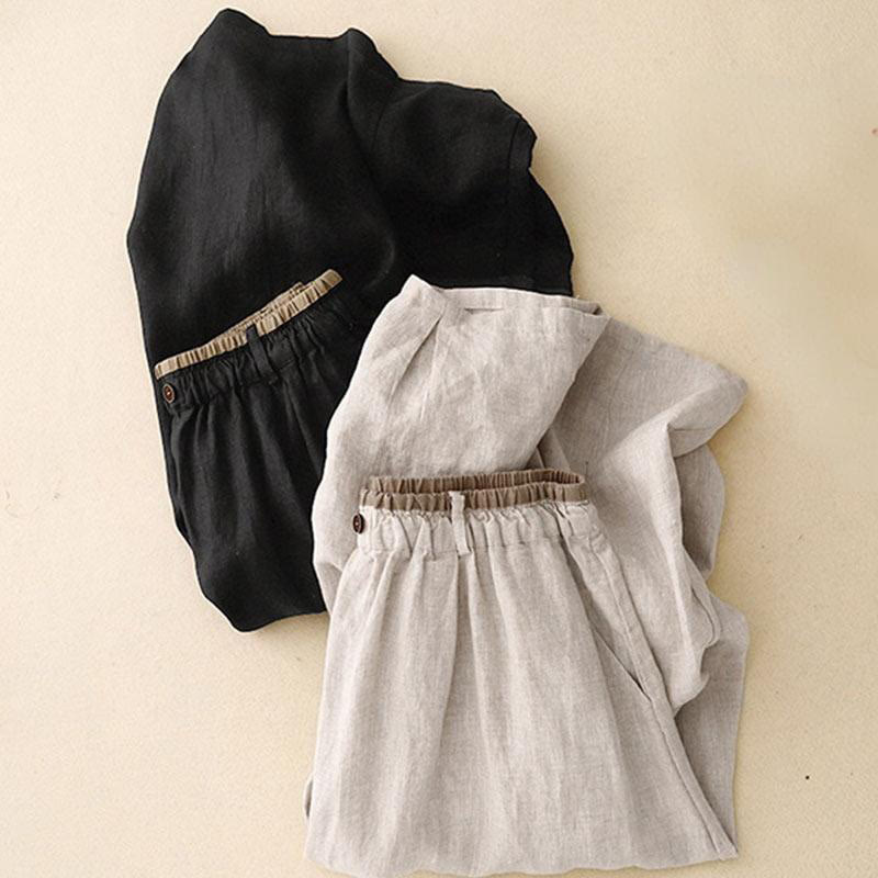 Vintage Casual Plain Side Slit Elastic Waist Cotton Linen Women's Skirt With Pockets