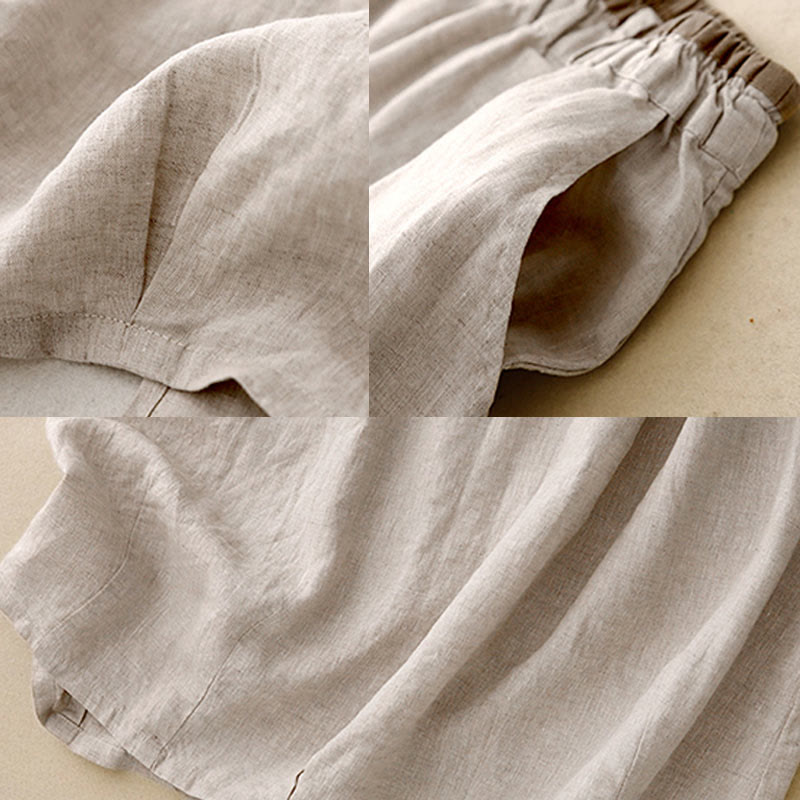 Vintage Casual Plain Side Slit Elastic Waist Cotton Linen Women's Skirt With Pockets