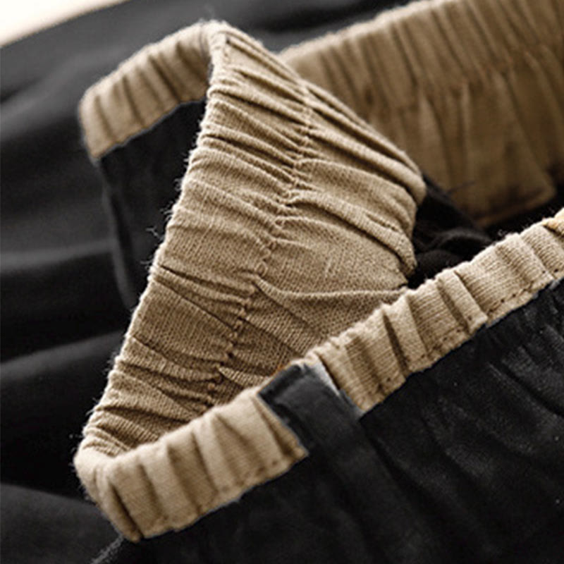 Vintage Casual Plain Side Slit Elastic Waist Cotton Linen Women's Skirt With Pockets