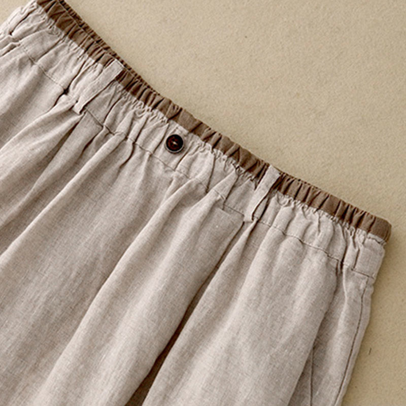 Vintage Casual Plain Side Slit Elastic Waist Cotton Linen Women's Skirt With Pockets