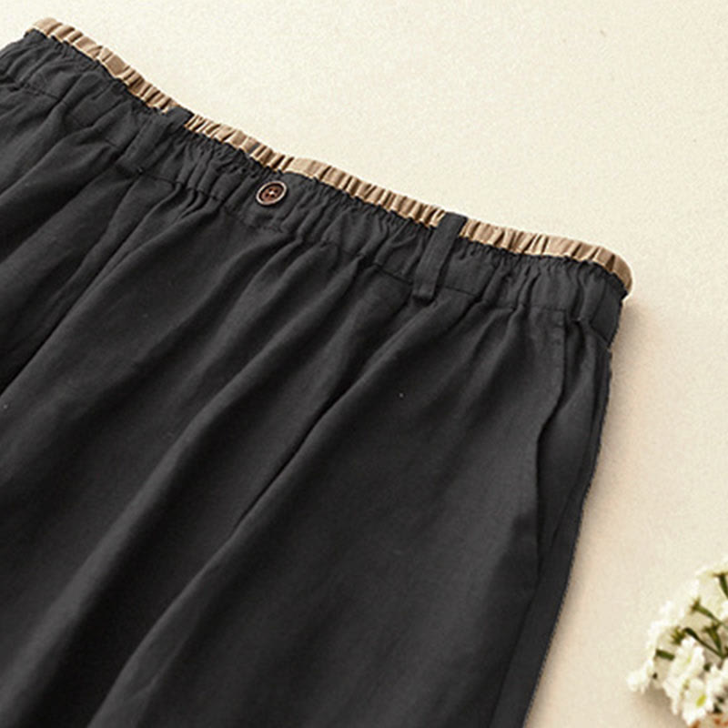 Vintage Casual Plain Side Slit Elastic Waist Cotton Linen Women's Skirt With Pockets