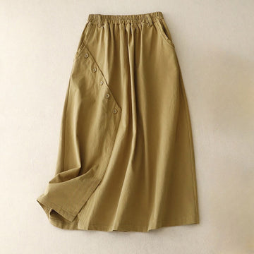 Breathable Cotton Elastic Waist Midi Meditation Skirt with Pockets