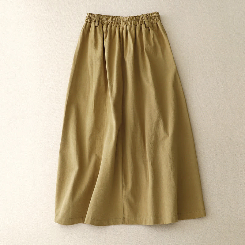Breathable Cotton Elastic Waist Midi Meditation Skirt with Pockets