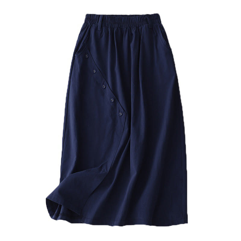 Breathable Cotton Elastic Waist Midi Meditation Skirt with Pockets