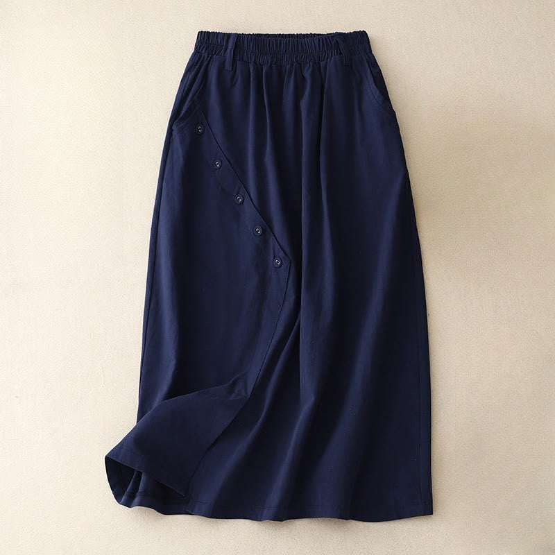Breathable Cotton Elastic Waist Midi Meditation Skirt with Pockets