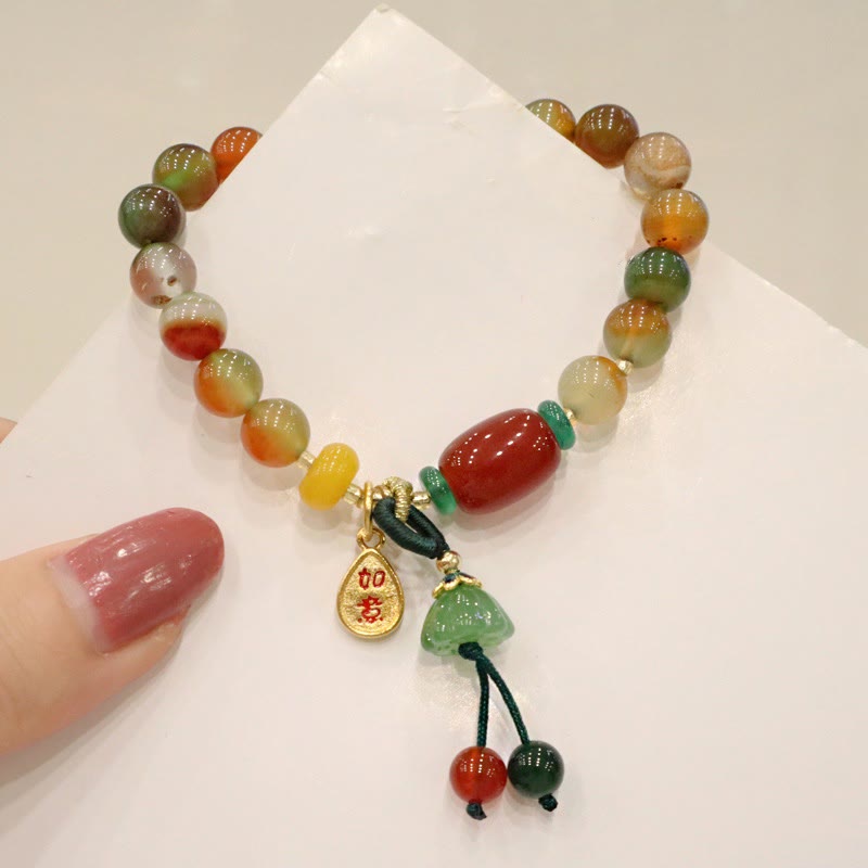 Natural Colorful Peacock Agate Chalcedony Ruyi As One Wishes Charm Courage Bracelet