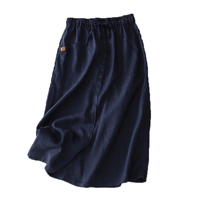 Spring Lace-Up Button Slit Design Women's Cotton Linen Skirt With Pockets