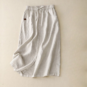 Spring Lace-Up Button Slit Design Women's Cotton Linen Skirt With Pockets