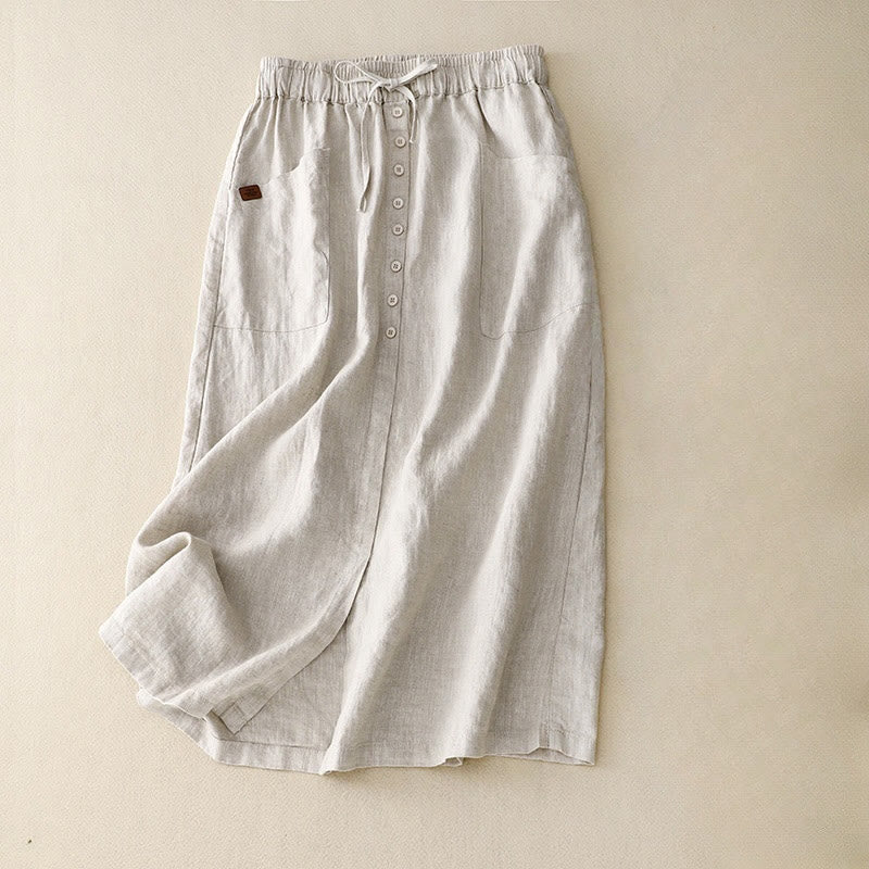 Spring Lace-Up Button Slit Design Women's Cotton Linen Skirt With Pockets