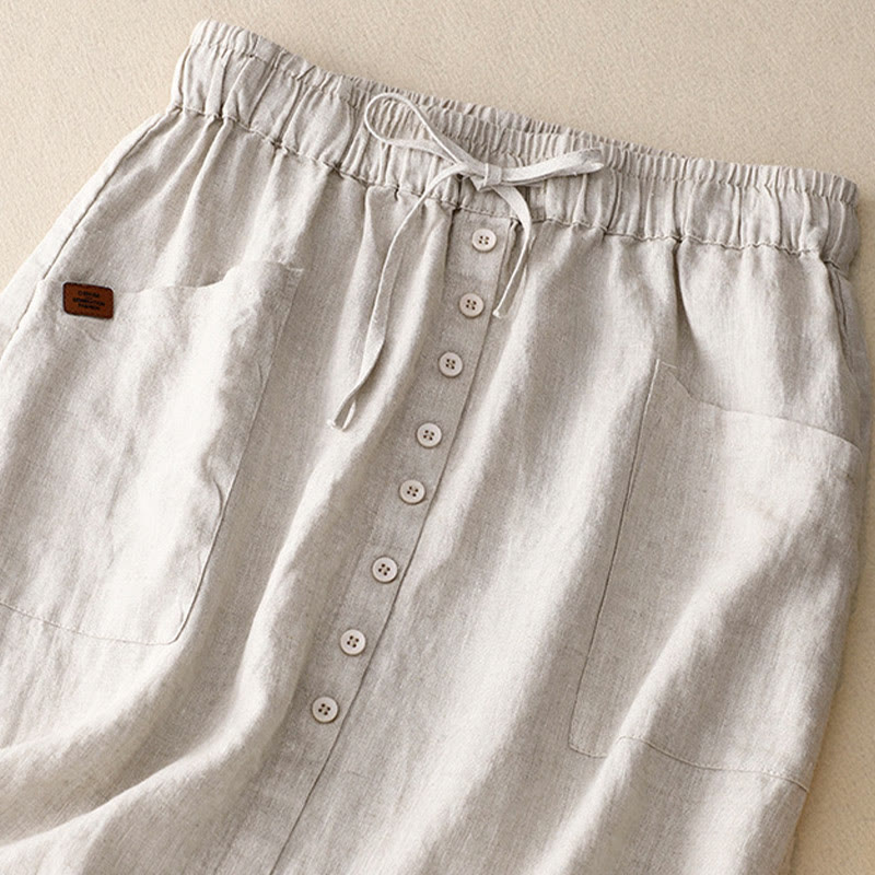 Spring Lace-Up Button Slit Design Women's Cotton Linen Skirt With Pockets