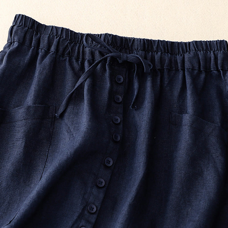 Spring Lace-Up Button Slit Design Women's Cotton Linen Skirt With Pockets