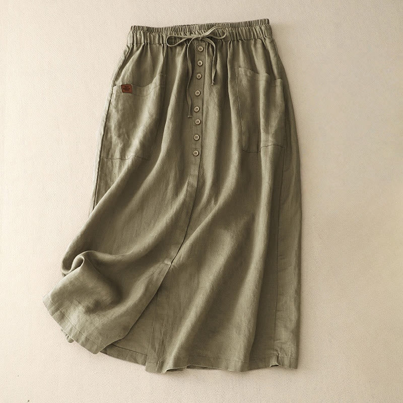 Spring Lace-Up Button Slit Design Women's Cotton Linen Skirt With Pockets