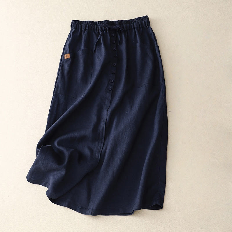 Spring Lace-Up Button Slit Design Women's Cotton Linen Skirt With Pockets