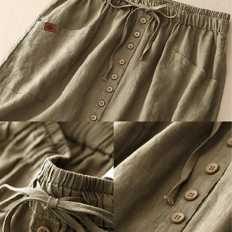 Spring Lace-Up Button Slit Design Women's Cotton Linen Skirt With Pockets