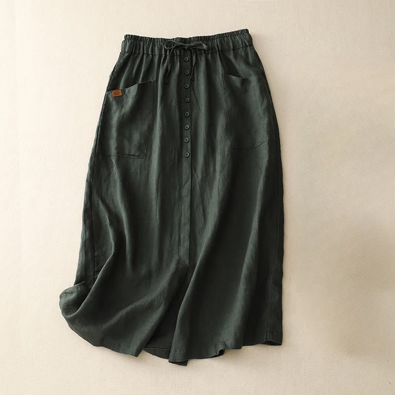 Spring Lace-Up Button Slit Design Women's Cotton Linen Skirt With Pockets