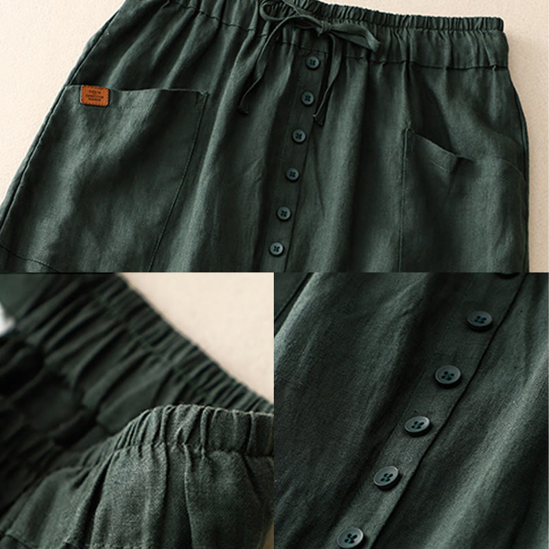Spring Lace-Up Button Slit Design Women's Cotton Linen Skirt With Pockets