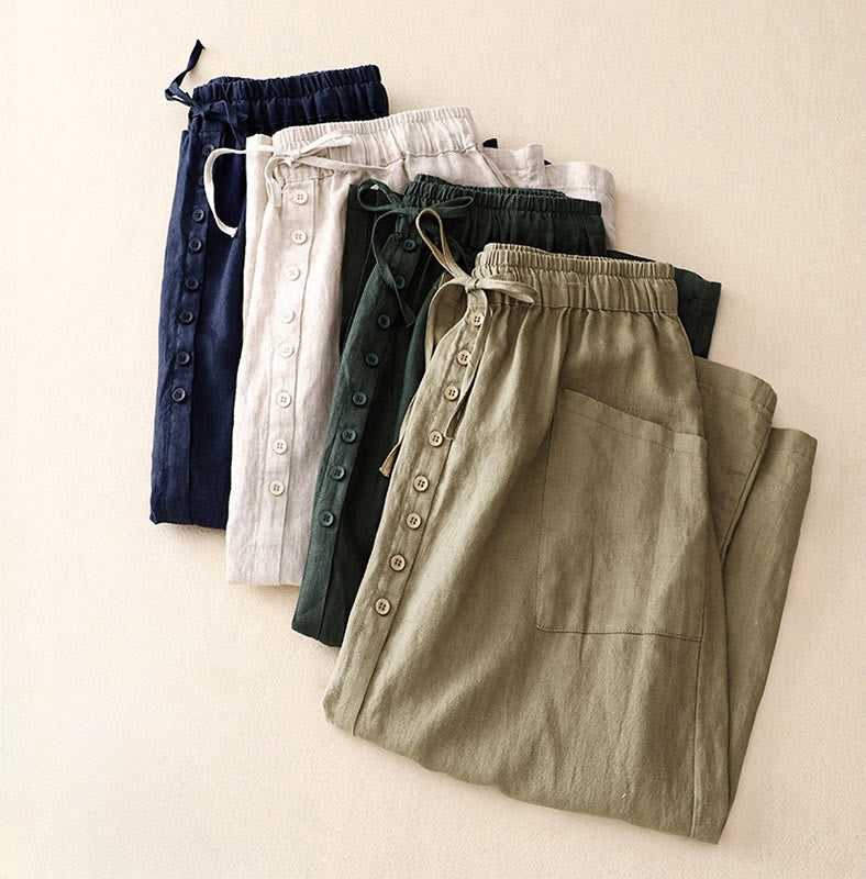 Spring Lace-Up Button Slit Design Women's Cotton Linen Skirt With Pockets