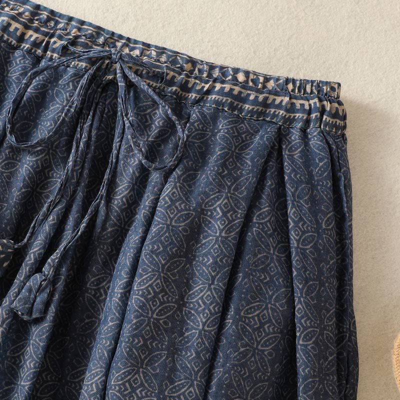 Vintage Ethnic Floral Pattern Lined Drawstring Women's Skirt With Pockets