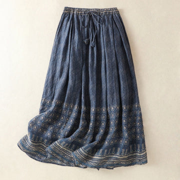 Vintage Ethnic Floral Pattern Lined Drawstring Women's Skirt With Pockets