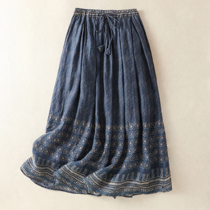 Vintage Ethnic Floral Pattern Lined Drawstring Women's Skirt With Pockets