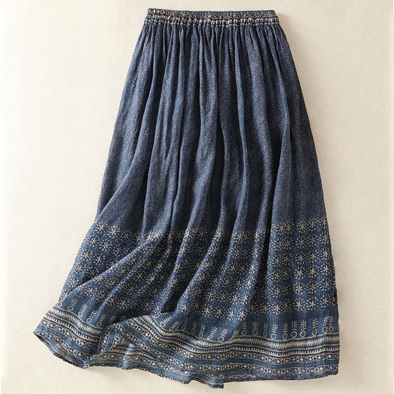 Vintage Ethnic Floral Pattern Lined Drawstring Women's Skirt With Pockets