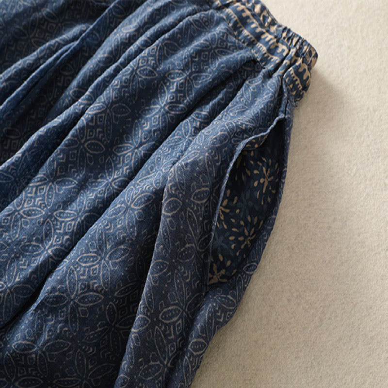 Vintage Ethnic Floral Pattern Lined Drawstring Women's Skirt With Pockets