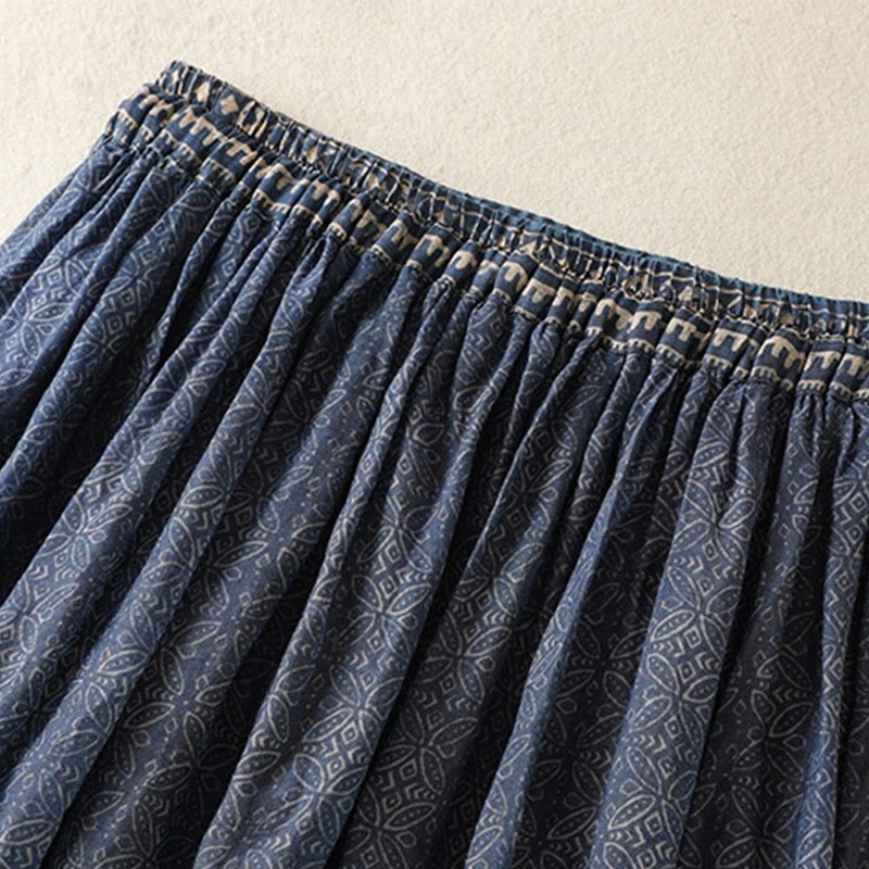 Vintage Ethnic Floral Pattern Lined Drawstring Women's Skirt With Pockets