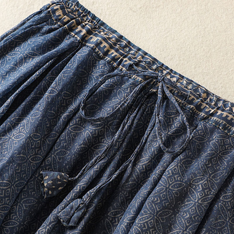 Vintage Ethnic Floral Pattern Lined Drawstring Women's Skirt With Pockets