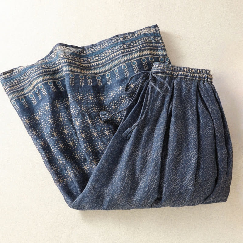 Vintage Ethnic Floral Pattern Lined Drawstring Women's Skirt With Pockets