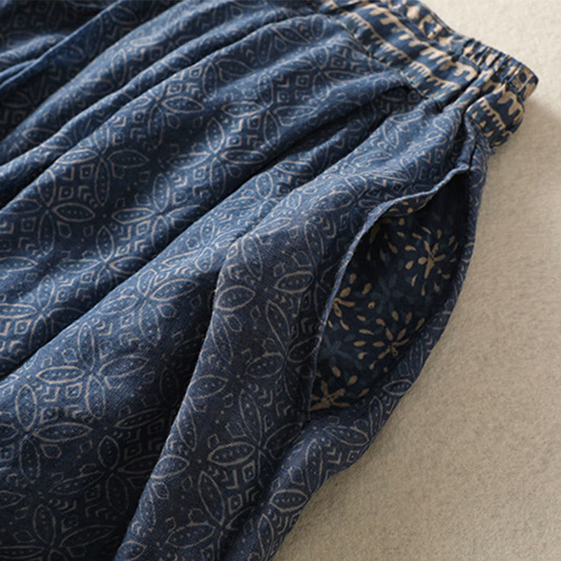 Vintage Ethnic Floral Pattern Lined Drawstring Women's Skirt With Pockets