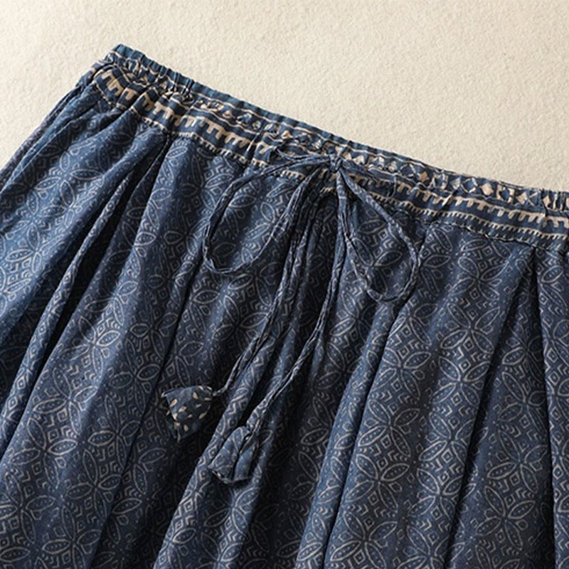 Vintage Ethnic Floral Pattern Lined Drawstring Women's Skirt With Pockets