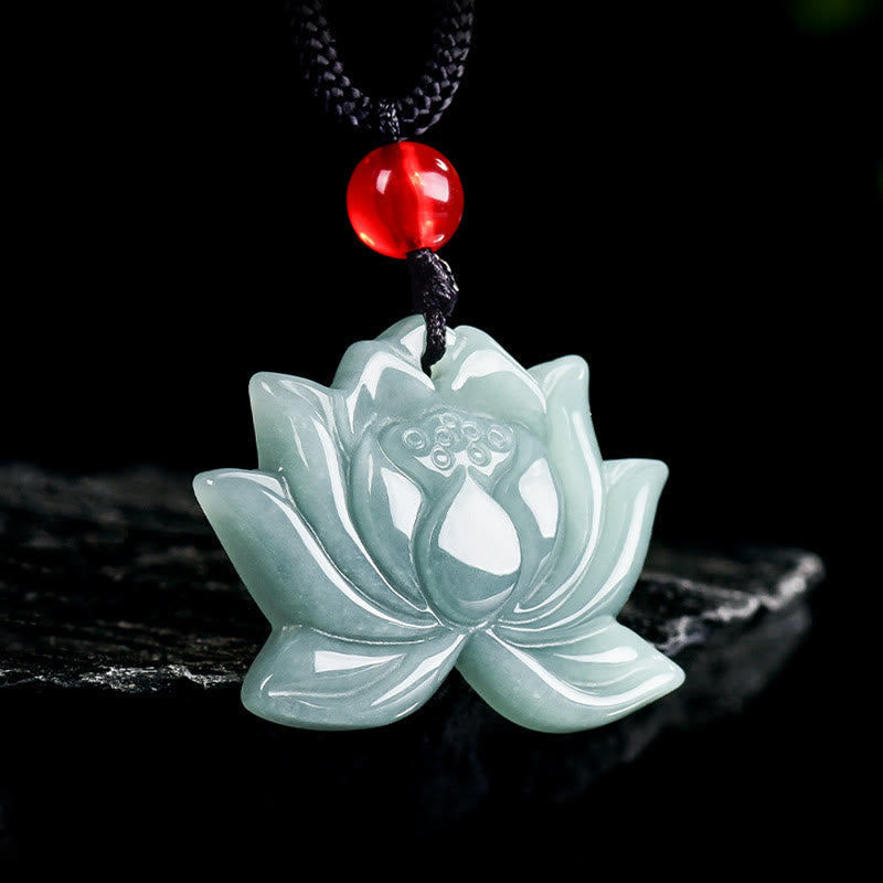 Lotus Flower Pattern Carved Jade Prosperity Necklace Pendant