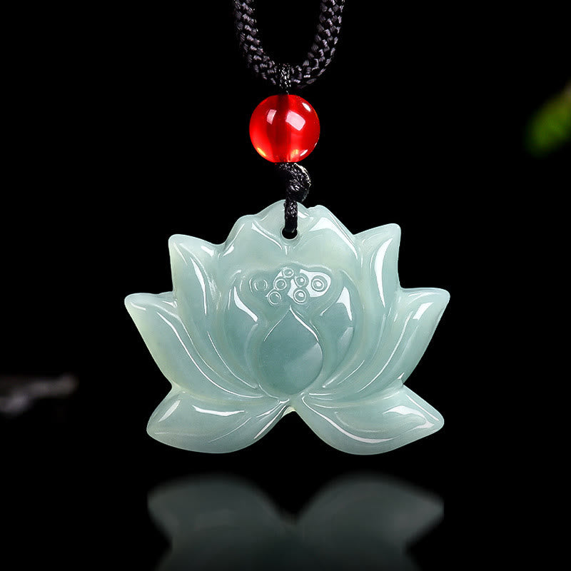 Lotus Flower Pattern Carved Jade Prosperity Necklace Pendant