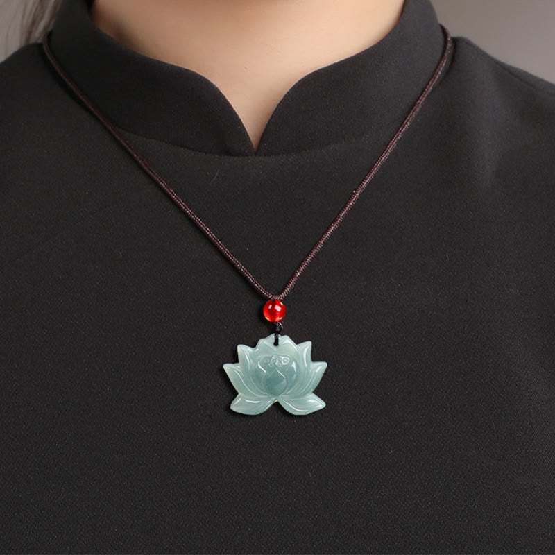 Lotus Flower Pattern Carved Jade Prosperity Necklace Pendant