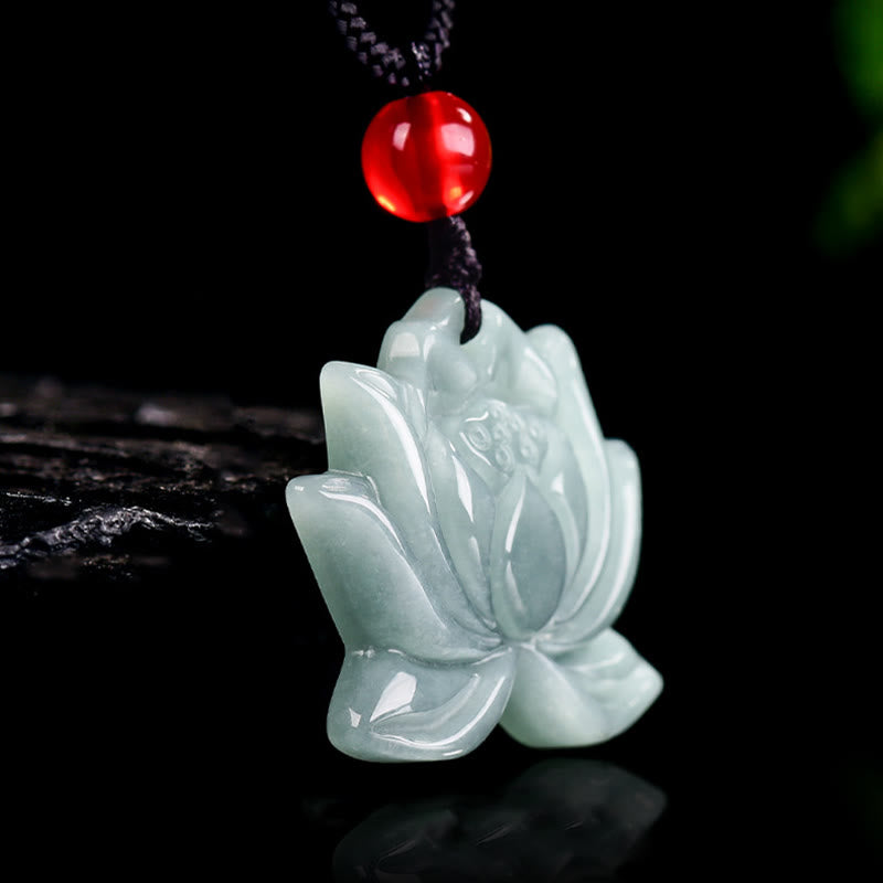 Lotus Flower Pattern Carved Jade Prosperity Necklace Pendant