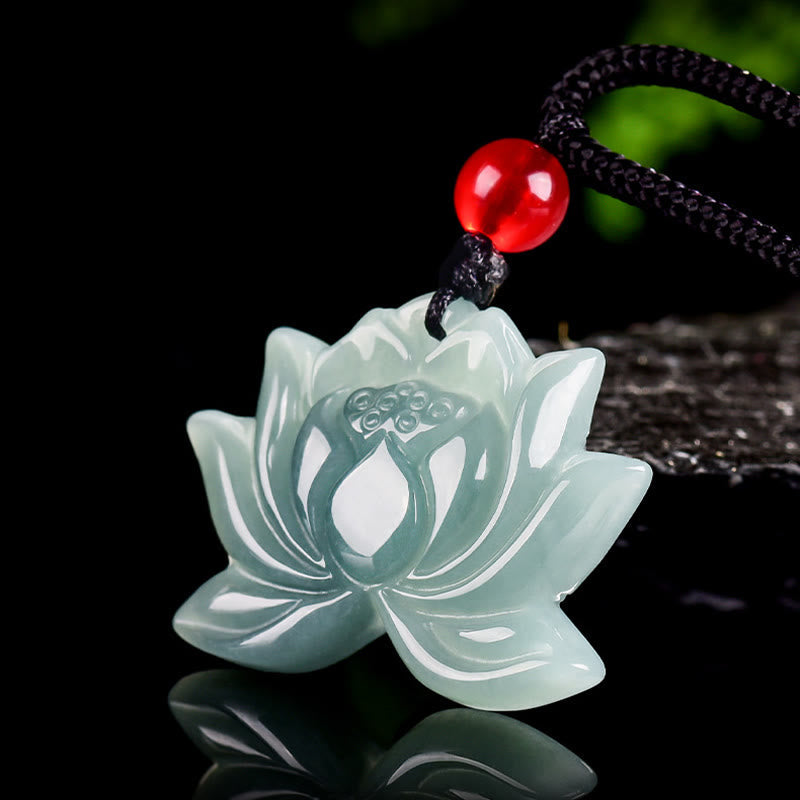 Lotus Flower Pattern Carved Jade Prosperity Necklace Pendant