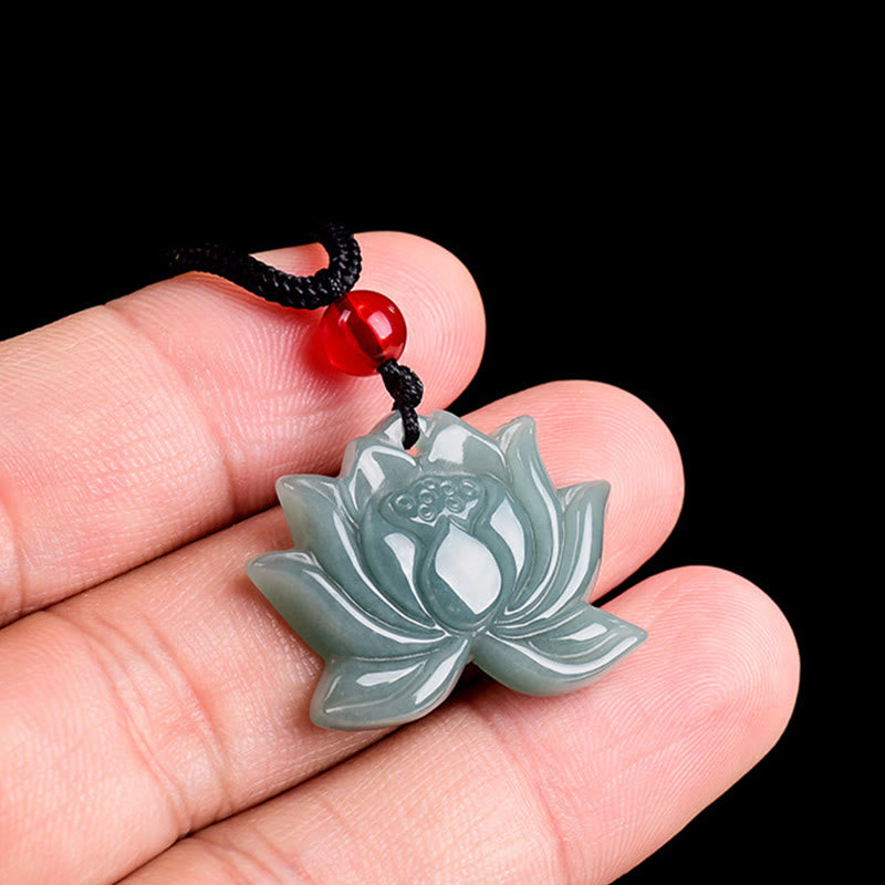 Lotus Flower Pattern Carved Jade Prosperity Necklace Pendant