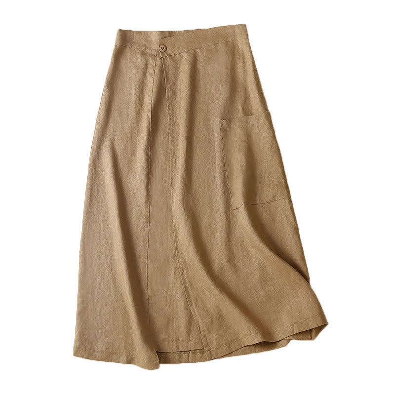 Vintage Summer Asymmetrical High Waist Women's Cotton Linen Skirt With Pockets