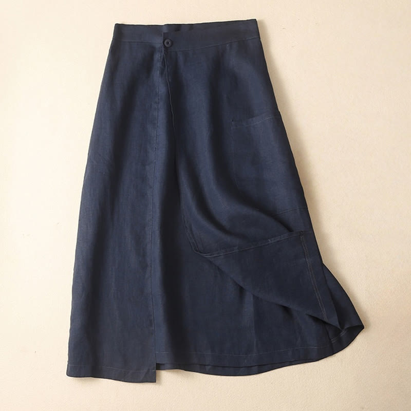 Vintage Summer Asymmetrical High Waist Women's Cotton Linen Skirt With Pockets