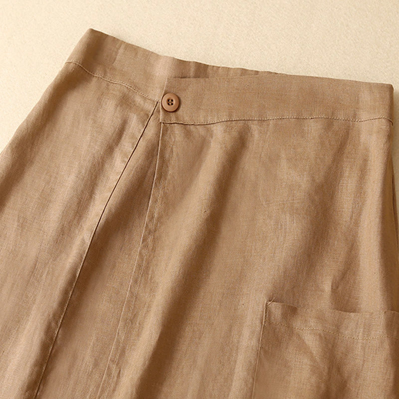 Vintage Summer Asymmetrical High Waist Women's Cotton Linen Skirt With Pockets