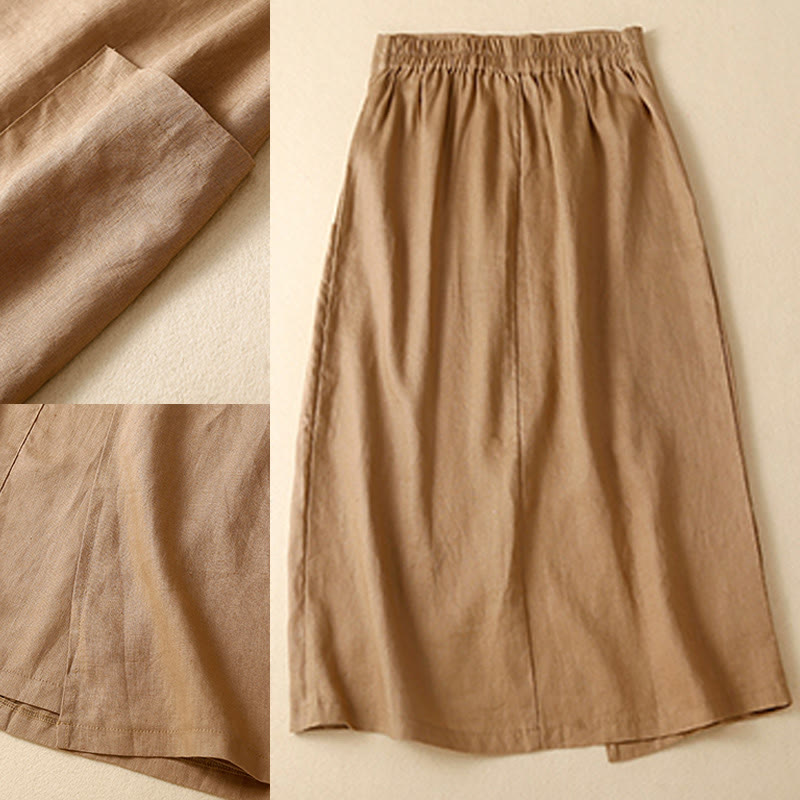 Vintage Summer Asymmetrical High Waist Women's Cotton Linen Skirt With Pockets