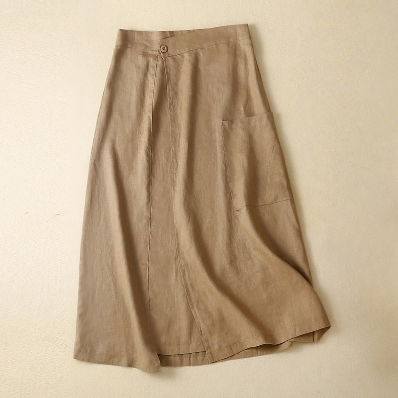 Vintage Summer Asymmetrical High Waist Women's Cotton Linen Skirt With Pockets