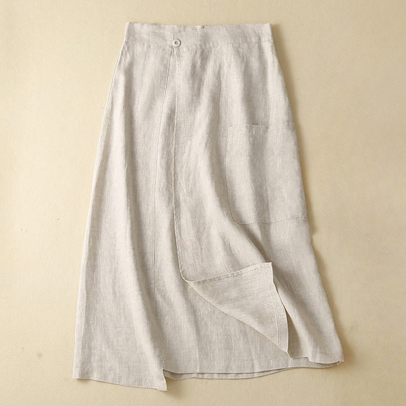 Vintage Summer Asymmetrical High Waist Women's Cotton Linen Skirt With Pockets