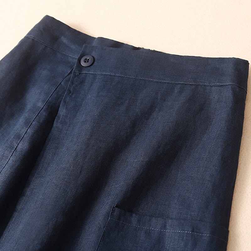 Vintage Summer Asymmetrical High Waist Women's Cotton Linen Skirt With Pockets