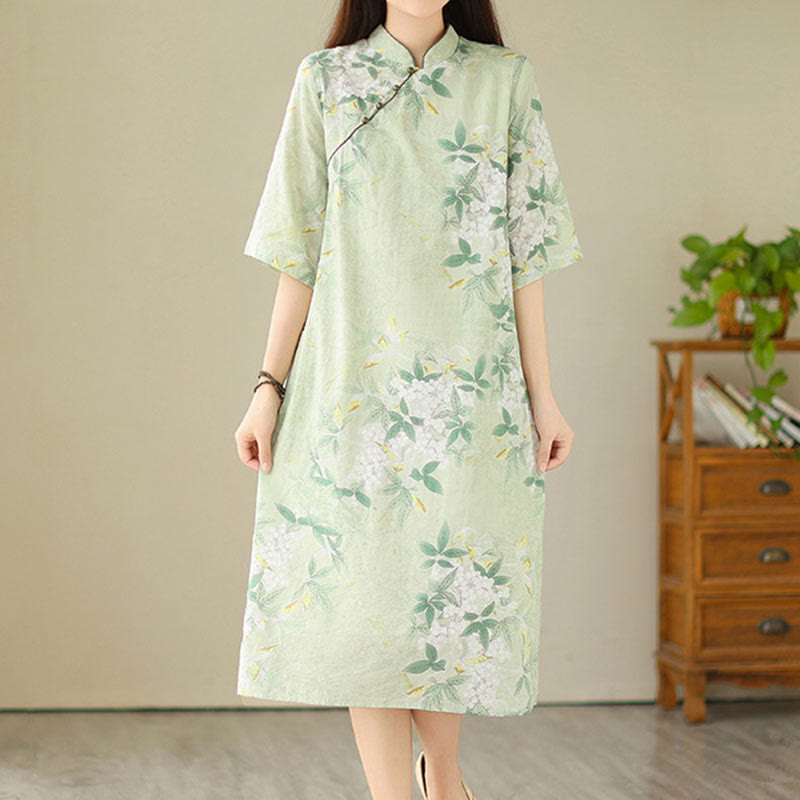 Tactile Cotton Blend Half-Sleeve Mindful Cheongsam Midi Dress