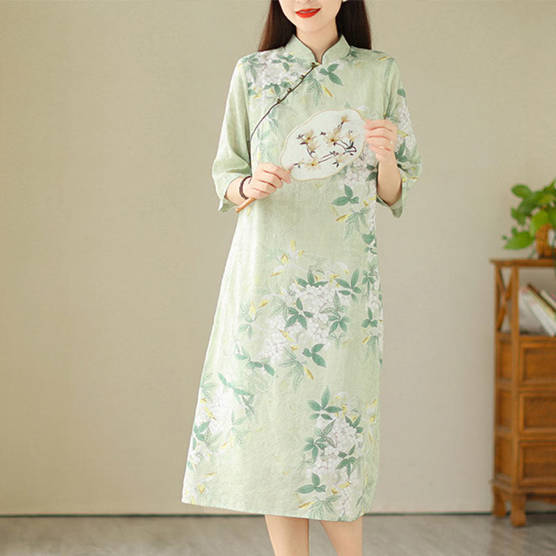 Tactile Cotton Blend Half-Sleeve Mindful Cheongsam Midi Dress